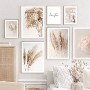 Set of framed beige dried-flower and grass art posters for minimalist wall decor