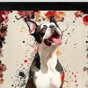 Boston terrier wall art print with colorful paint splatter and floral accents