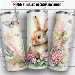 Watercolor bunny floral butterfly skinny tumbler wrap design