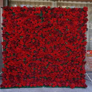 Artificial rose flower wall panel with dense 3D red blooms, square backdrop decor