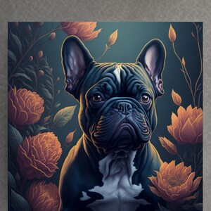 Blue French bulldog portrait with floral accents, centered head and ears