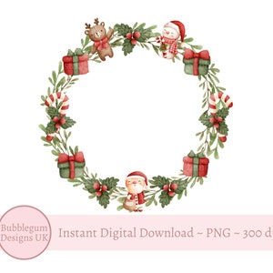 Christmas wreath clip art with Santa, reindeer, holly, and candy cane accents