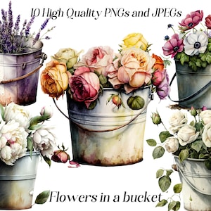 Watercolor floral clipart set with roses and wildflowers in painted buckets