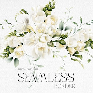 Seamless floral border with white roses and freesia, green leaves, wedding invite frame