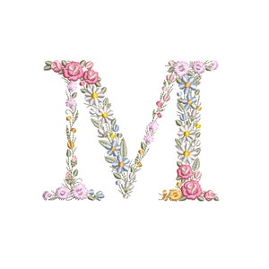 Floral embroidery letter M with pink roses and yellow flower accents