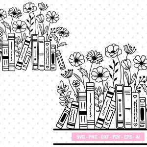 Floral book SVG design with line-art stack of books and blooming flowers