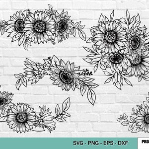Sunflower floral border SVG line-art design with scattered leaves and blooms