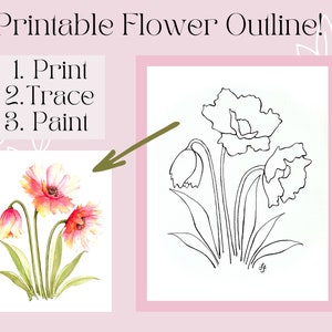 Printable flower outline page with black line-art bloom and stems for coloring or painting