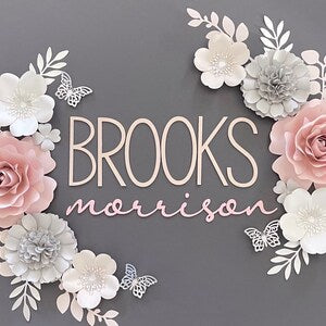 Blush pink and mauve paper flowers with white blooms, nursery wall decor set