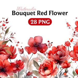 Watercolor floral clipart bundle with red and pink flowers and leafy accents