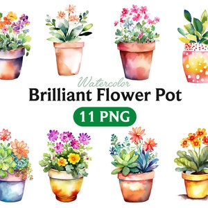 Watercolor flower pot clipart set with colorful blooming plants in pots