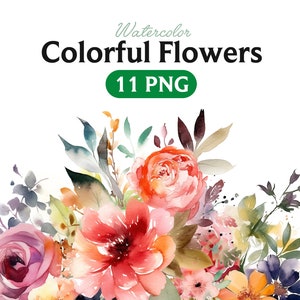 Watercolor flower clipart bundle with colorful roses and blooms, 11 PNG