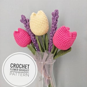 Crocheted flower bouquet pattern with pink and purple tulips and wrapped stems
