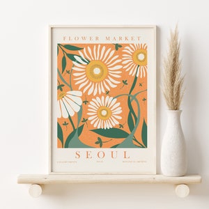 Floral market poster print with retro flowers and “SEOUL” text