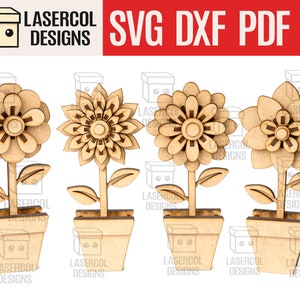 3D laser-cut flower garden pot design set with layered petals in brown and beige