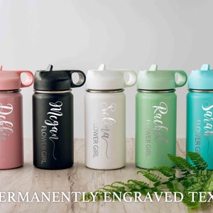 Engraved water tumblers set in black, white, mint green, and teal with names