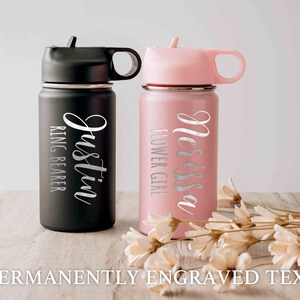 Engraved water tumbler bottle with handle, black and pink, name text design