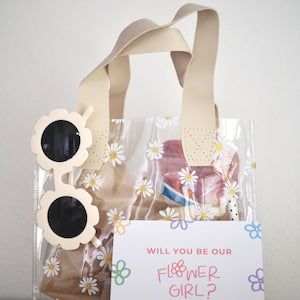 Flower girl gift box with handle, daisies, and 'Will you be our girl?' print