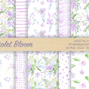Watercolor violet floral seamless digital paper set with purple and lilac blossoms