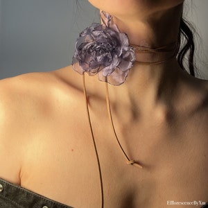 Periwinkle handmade corsage neck flower choker with long ties by Efflorescence