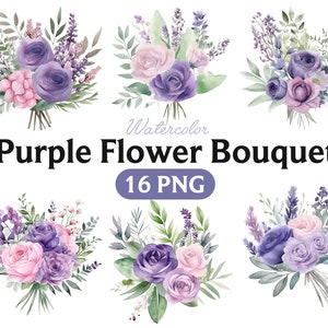 Watercolor floral clipart bundle with purple and pink rose bouquets, 16 PNG elements