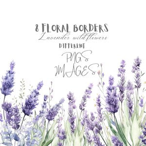 Lavender flower watercolor border set with spray blooms and leaves, hand-painted style