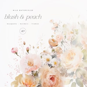 Watercolor floral clipart frame with blush and peach flowers and soft pastel accents