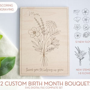 Birth month flower bouquet SVG score file—wood card with line-art bouquet and 'Mom' text