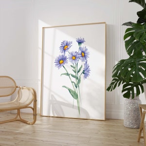 Framed watercolor floral art print with blue and purple aster flowers and green stems