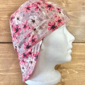 Reversible pink floral 6-panel welding cap with chin strap, 100% cotton