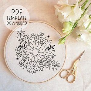 Embroidery hoop with black floral botanical line pattern for instant PDF download