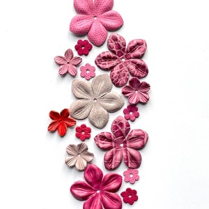 Pink leather flower embellishments set, assorted sizes and shapes
