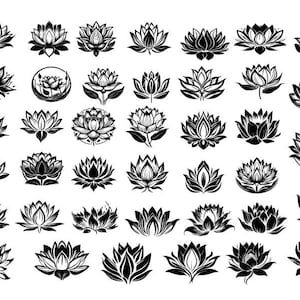 Lotus flower SVG bundle with multiple black line-art lotus icons on white background