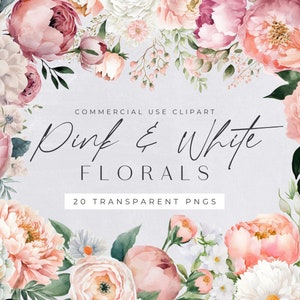 Pink and white floral watercolor clipart pack with roses and spring flowers, transparent PNGs