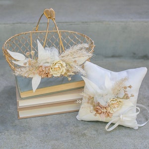 Champagne gold flower girl basket with floral trim and white bow keepsake cushion
