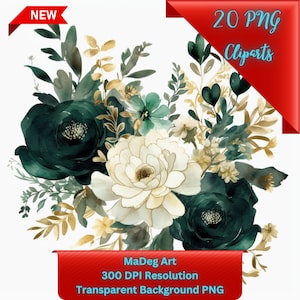 Dark emerald and gold floral clipart set, multi-PNG bundle with transparent background