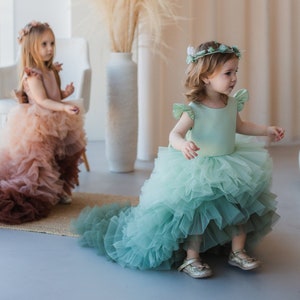 Sage ombre tulle first-birthday dress with ruffled skirt and matching headband