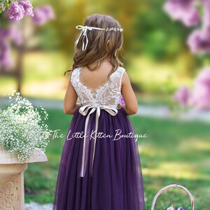 Girls' purple tulle flower girl dress with lace bodice, sleeveless