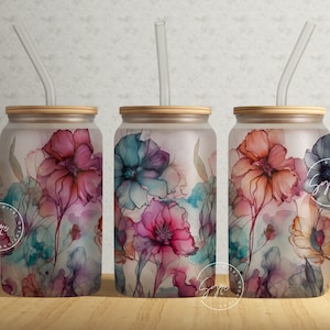 Watercolor alcohol-ink floral wrap glass can tumbler with golden lid