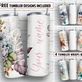 Name flower BUNDLE 20 oz skinny tumbler sublimation design Floral Watercolor add text blank digital PNG Straight wrap Waterslide download