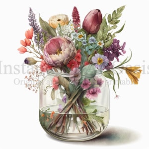 Glass vase with mixed spring flowers and leaves, illustrated botanical clipart