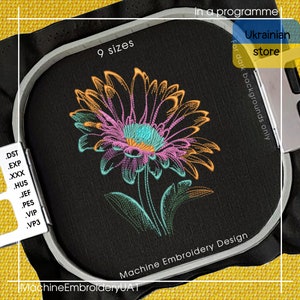 Neon multicolor flower machine embroidery design with leafy stems on dark fabric