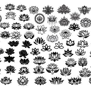 Lotus flower clipart set with black line-art and silhouette icons, assorted petals