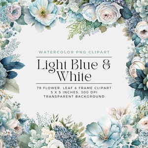 Watercolor light blue floral clipart with roses, peonies, and leafy sprigs