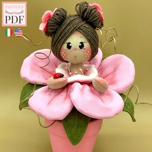 Flower-pattern doll sewing pattern PDF with plush flower-stem doll in pink petals