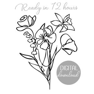 Minimalist line art birth flower bouquet print with DIGITAL download badge