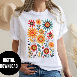 Boho floral graphic T-shirt with colorful wildflowers on white front