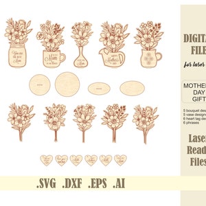Laser cut flower bouquet SVG bundle with standing pot floral shapes for digital download