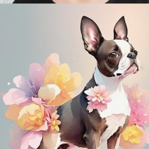 Boston Terrier watercolor wall art with pastel flowers and bow-tie detail