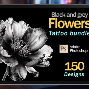 Black and grey peony flower tattoo bundle design, 150 pieces